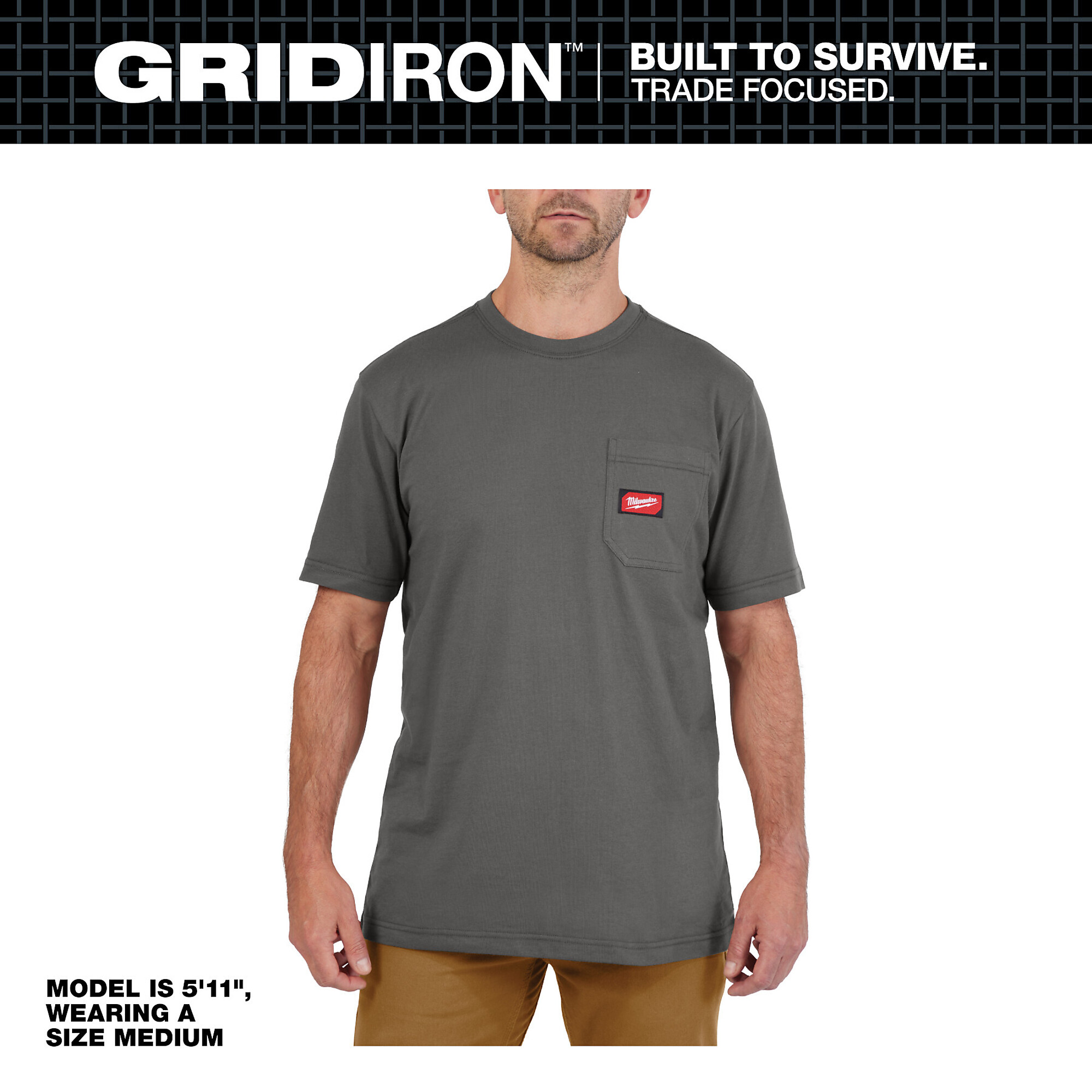 Milwaukee, GRIDIRON Pocket T-Shirt - Short Sleeve Gray - 2X-Large, Size 2XL, Model# 605G-2X